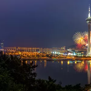 Panorama of macau city with fireworks display