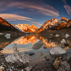 Panorama of sunrise at Cerro Torre with ice floes