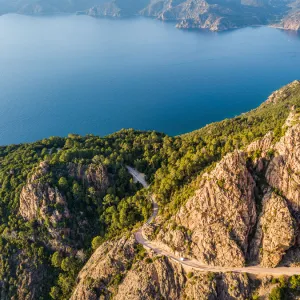 Panoramic aerial view of Calanches de Piana coastline, Western Corsica Island, France