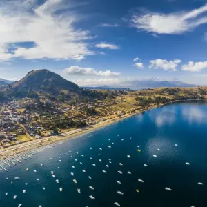 Panoramic aerial view of Titicaca lake and Copacabana city. Bolivia