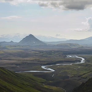 Panoramic mountain landscape near Alftavatn lake with a wild river, view from Bratthals Mountain, Laugavegur trekking route, Highlands, Sudurland, Iceland