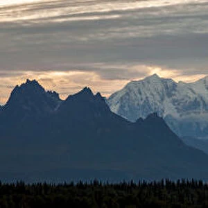 Panoramic view in the evening, mountain range with Mt McKinley or Denali, Alaska Range, Alaska, United States