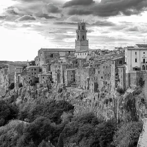 Panoramic view of the medieval town of Pitigliano, black and white photograph, Pitigiliano, Tuscany, Italy Panoramic view of the medieval town of Pitigliano, black and white photograph, Pitigiliano, Tuscany, Italy