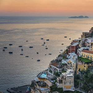 Panoramic view at the sunset of amazing city of Positano