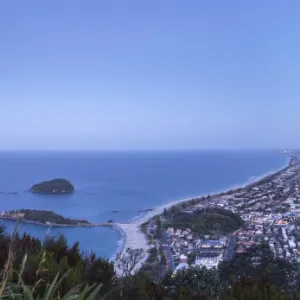 Panoramic view of the town of Mount Maunganui and the Port of Tauranga at nightfall, from the summit of Mount Maunganui, Bay of Plenty, North Island, New Zealand