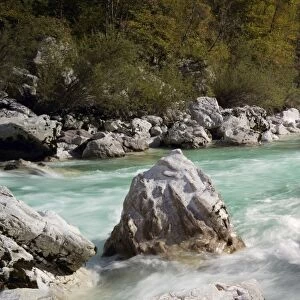 Panoramic view of turquoise Soca river, Soca Valley near Bovec, Triglav National Park, Slovenia, Europe