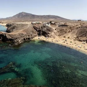 Papagayo beaches or Playas de Papagayo, Playa Blanca in the back, Lanzarote, Canary Islands