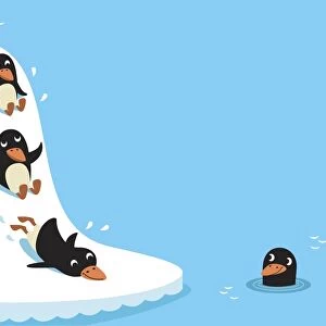 Three penguins sliding down snowy slope into water, one penguin wading in water