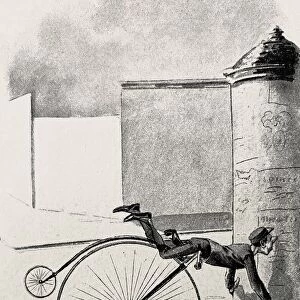 Penny farthing bicyclist falls on an advertising pillar