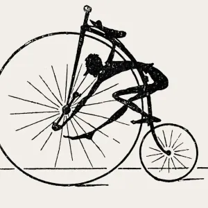 Penny farthing bicyclist, silhouette, side view on white background Penny farthing bicyclist, silhouette, side view on white background