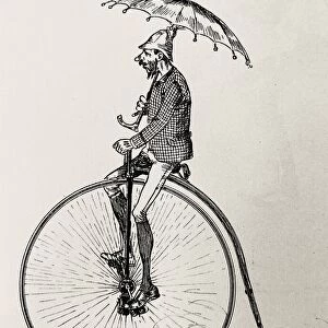 Penny farthing bicyclist with umbrella