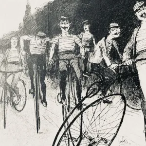 Penny farthing bicyclists on tour, having fun