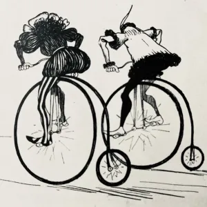 Two Penny farthing bicyclists on tour, rear side view Two Penny farthing bicyclists on tour, rear side view