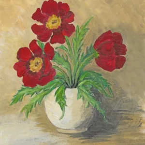 White Peony Print in Ceramic Vase