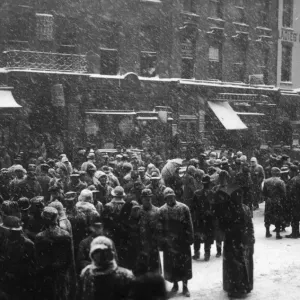 Print of People Gathered Outside the New York Stock Exchange on a Snowy Day Print of People Gathered Outside the New York Stock Exchange on a Snowy Day