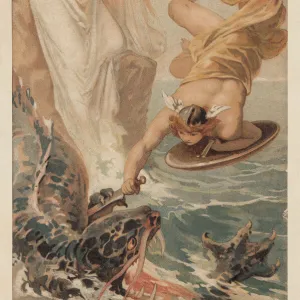 Perseus freeing Andromeda, Greek Mythology, lithograph, published in 1897