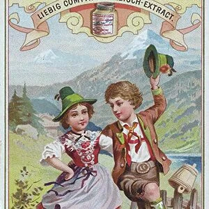 Picture series Dances of the Countries, Austria, Schuhplattler, digitally restored reproduction of a collector's picture from c. 1900