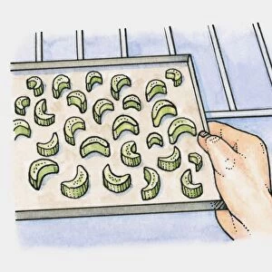 Pieces of celery on a baking tray being placed in the oven