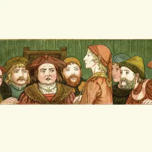 Vintage Print of the Pied Piper leading townsfolk Vintage Print of the Pied Piper leading townsfolk