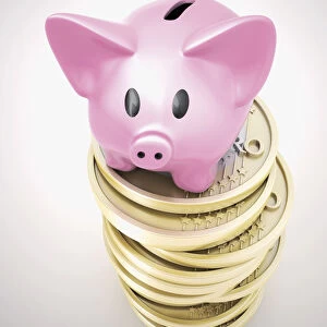 Piggy bank on a pile of euro coins, 3D illustration