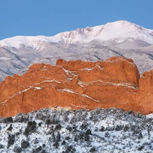 Pikes Peak and sandstone formation of Garden of the Gods, Colorado Springs, Colorado, USA