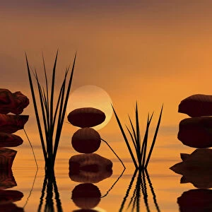 Three piles of stones at sunset, 3D graphics