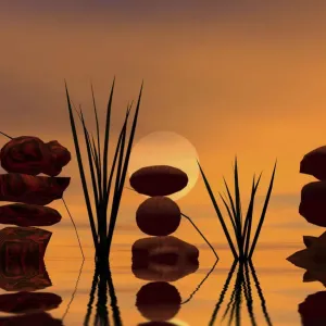 Three piles of stones at sunset, 3D graphics Three piles of stones at sunset, 3D graphics