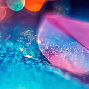 Pink birds feather on blue bokeh backdrop. Abstract artistic macro photo