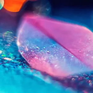 Pink birds feather on blue bokeh backdrop. Abstract artistic macro photo Pink birds feather on blue bokeh backdrop. Abstract artistic macro photo