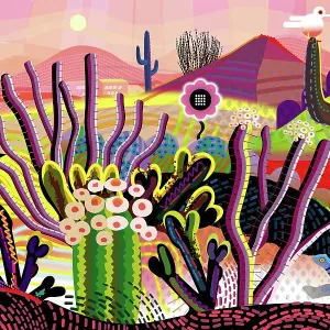 Pink Desert, Cactus, Mountains in distance Landscape Fantasy Illustration