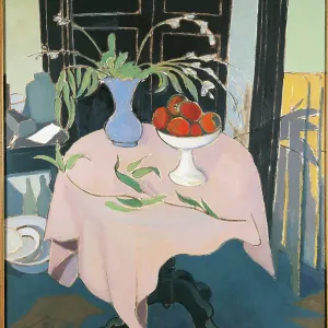 Pink Table with Fruitstand and Flowerpot, by Francesco Menzio, 1950 about, 20th Century, oil on canvas, cm 154, 8 x 119, 5 Pink Table with Fruitstand and Flowerpot, by Francesco Menzio, 1950 about, 20th Century, oil on canvas, cm 154, 8 x 119, 5