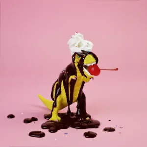 Plastic T-Rex Dinosaur Toy as Chocolate Sundae