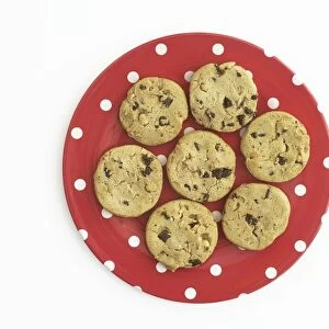 Plate of chocolate chip cookies, directly above