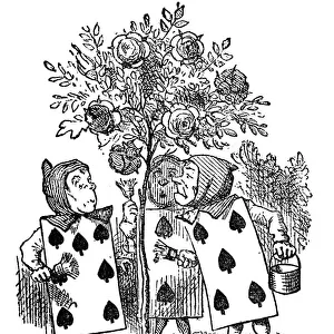 Three playing cards standing by a tree - Alice in Wonderland 1897