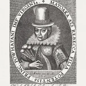 Pocahontas (c. 1596-1617), nativa americana, incisione su legno, pubblicata nel 1884. Pocahontas (c. 1596-1617), nativa americana, incisione su legno, pubblicata nel 1884.