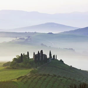 Podere Belvedere in the morning fog, San Quirico, Val dOrcia, Tuscany, Italy, Europe, PublicGround
