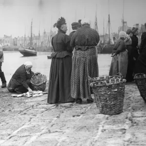 Print of Fisherwomen at Barfleur Harbour, circa 1900 Print of Fisherwomen at Barfleur Harbour, circa 1900