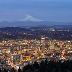 Portland Cityscape with Mt Hood at Dusk