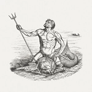 Poseidon (Neptun), Greek (Roman) mythology, wood engraving, published in 1885