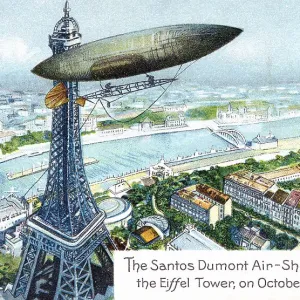 Postcard of Brazilian aviator Alberto Santos-Dumont's airship and Eiffel Tower Postcard of Brazilian aviator Alberto Santos-Dumont's airship and Eiffel Tower