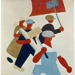 Poster depicting marching protestors during Russian Revolution
