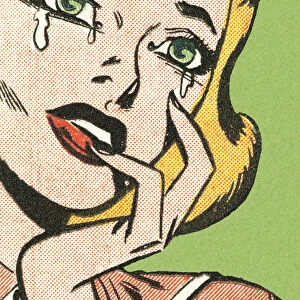 Poster in half tone of a cartoon blonde woman crying