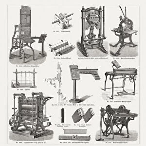 Printing equipment in the 19th century, wood engravings, published 1893