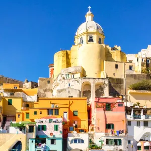 Procida, multi colours houses in La Corricella Harbour. Naples, Campania, Italy