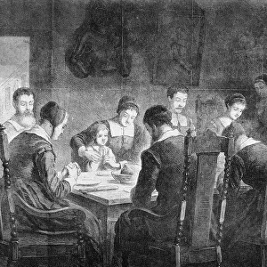 Puritans Pray At Thanksgiving Dinner