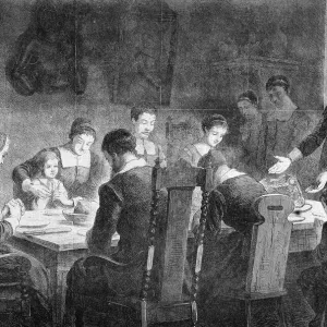 Puritans Pray at Thanksgiving Dinner Print Puritans Pray at Thanksgiving Dinner Print