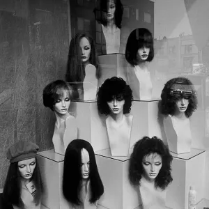 Pyramid of Mannequin Heads with Wigs Print Pyramid of Mannequin Heads with Wigs Print