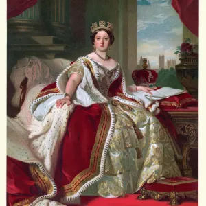 Vintage colour lithograph Print of Queen Victoria in her State Robes Vintage colour lithograph Print of Queen Victoria in her State Robes