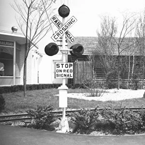 Railroad crossing stop sign and warning light, (B&W)