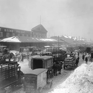 Railroad Snow; Horsedrawn carts crowd the intersection of West and Chambers Streets